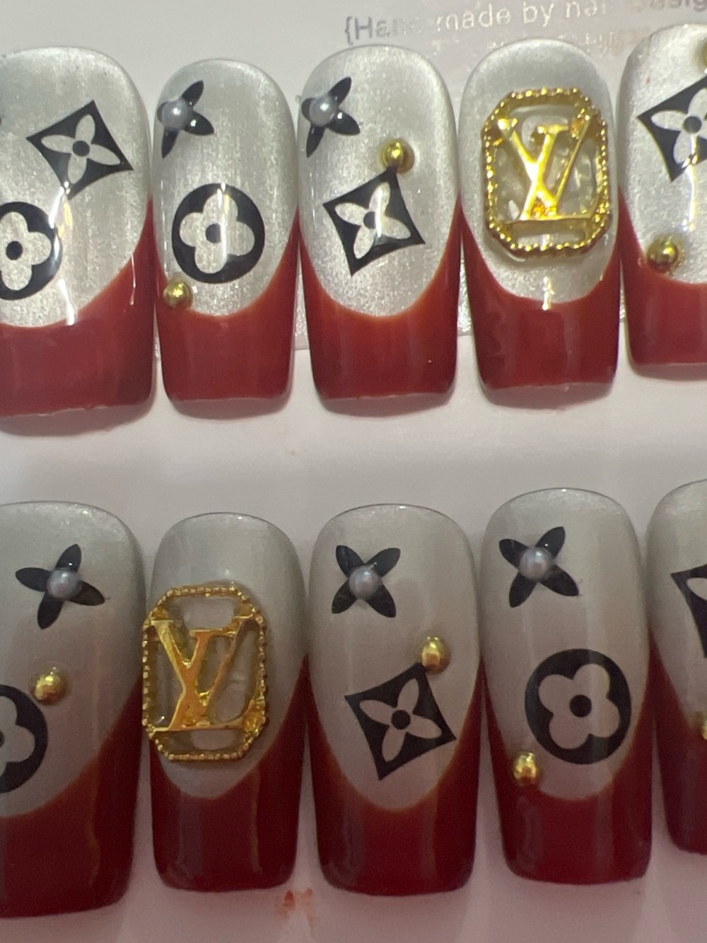 Luxury-Inspired Red & Silver Nail Set with Gold Accents